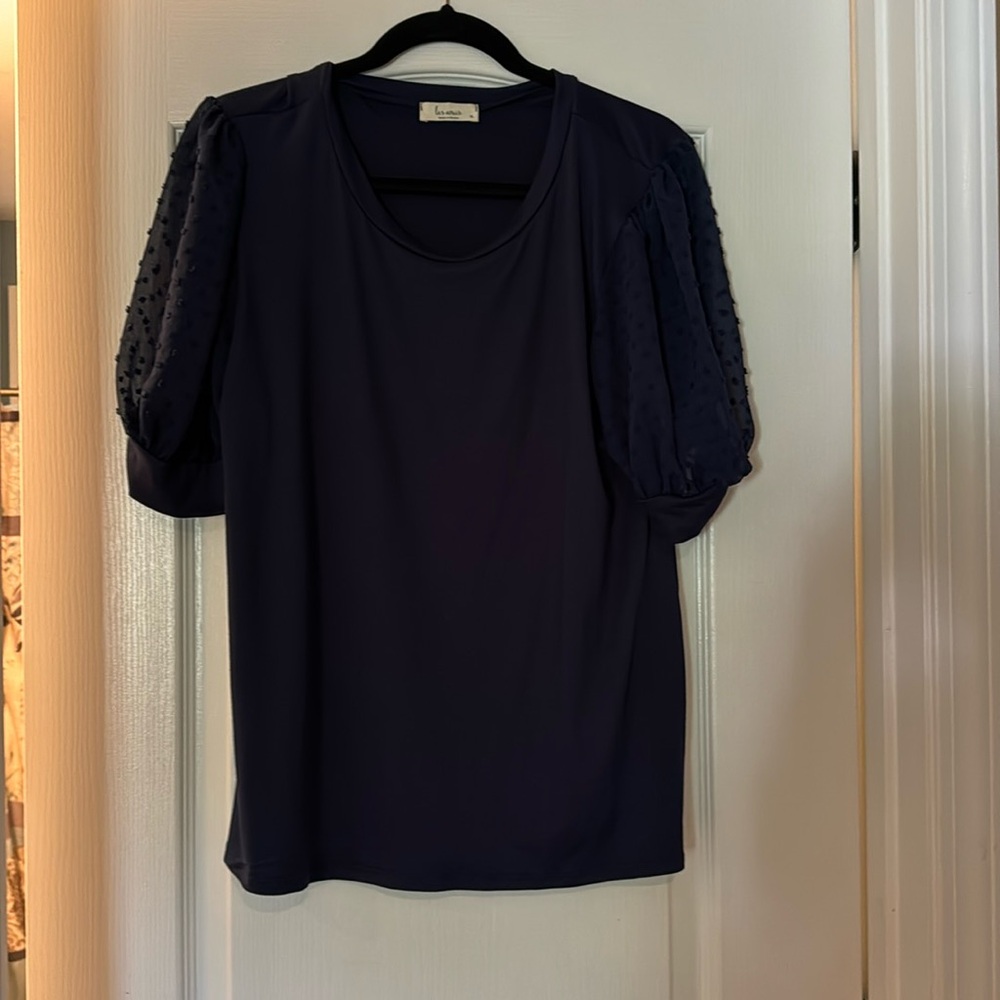 Short sleeve, navy blue blouse with lace sleeves